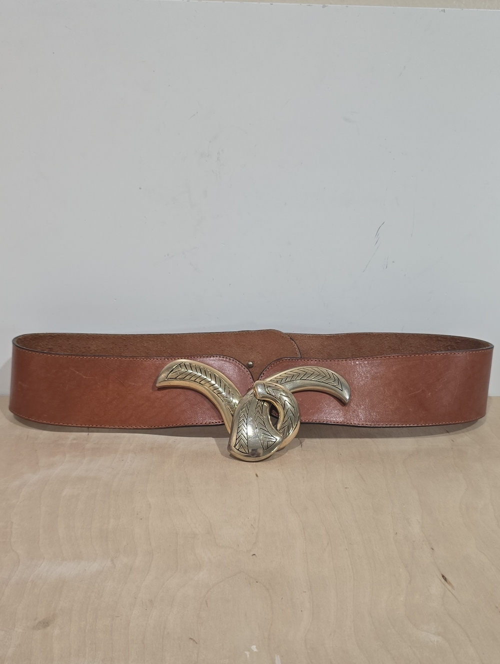 Vintage Brown Leather Waist Belt with Decorative Gold Buckle